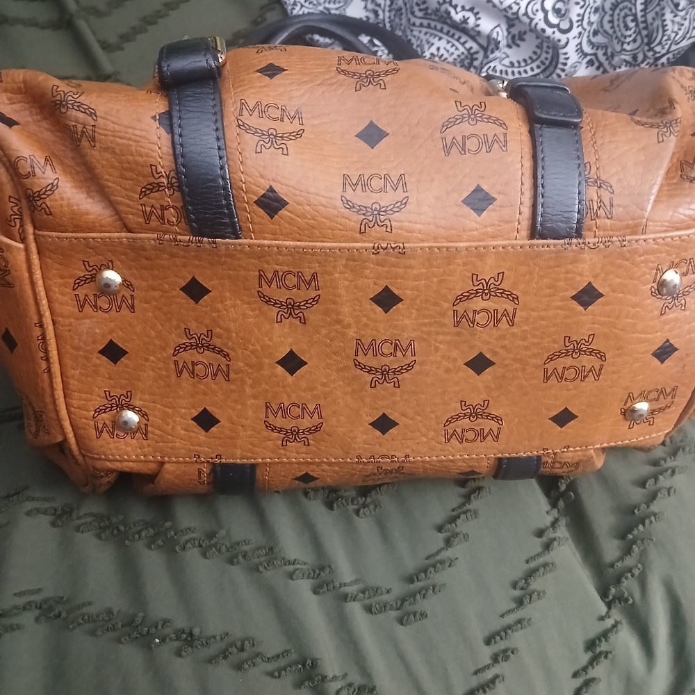 MCM Cognac and Black Logo Satchel - Picture 7 of 8